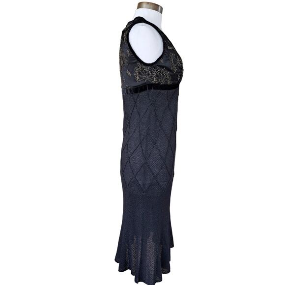 NEW ST. JOHN Evening Black Knit Cocktail Dress Gold Lace V-neck Sz 2 $1495 - Picture 4 of 12